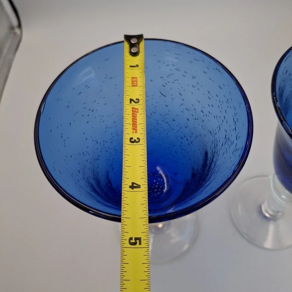 Pair Hand Blown Cobalt Blue Bubble Glass Goblets Clear Stem 8.5